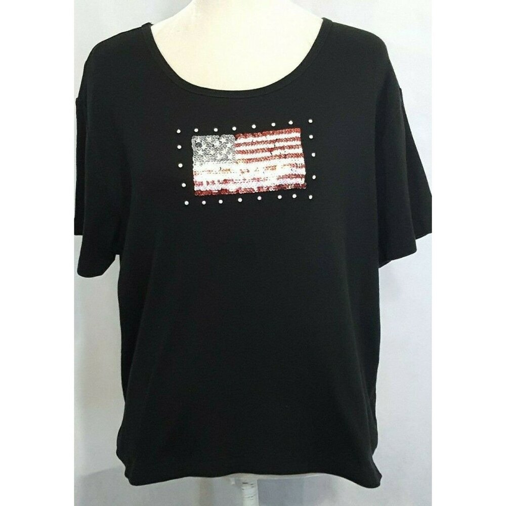 In Focus Womens Top Size XXL‎ Short Sleeved Sequined American Flag Knit Black